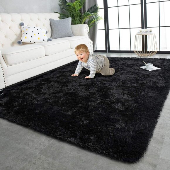 New 4x5.9ft Shaggy Area Rug, Super Soft Black Fluffy Plush Carpet for Room Decor - Picture 1 of 6
